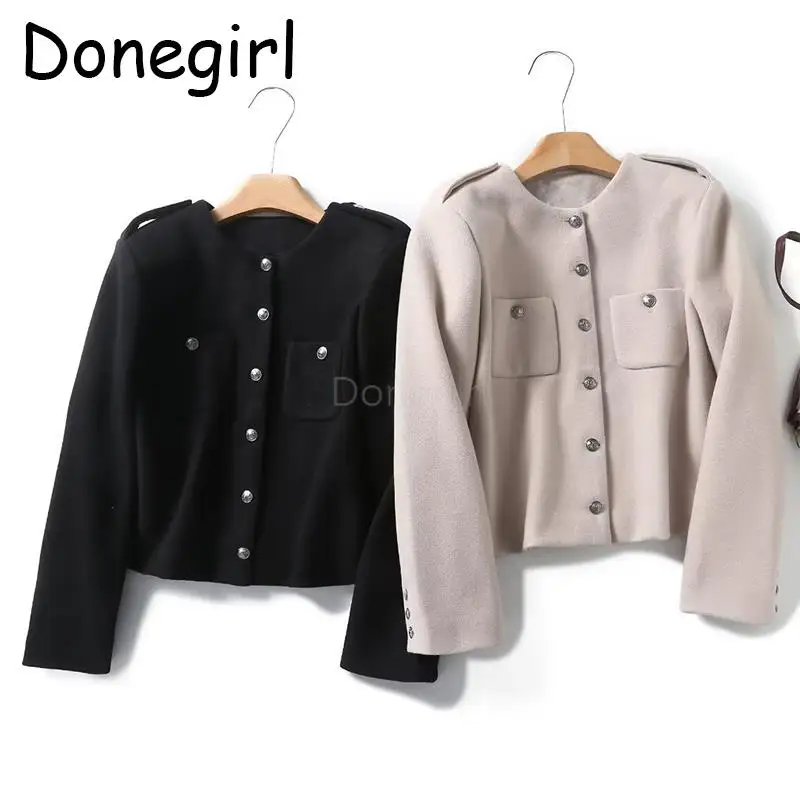 

Donegirl Autumn Women 2024 New Fashion Temperament Round Neck Single-breasted Jacket Coat Solid Simple Woolen Tops Female Chic