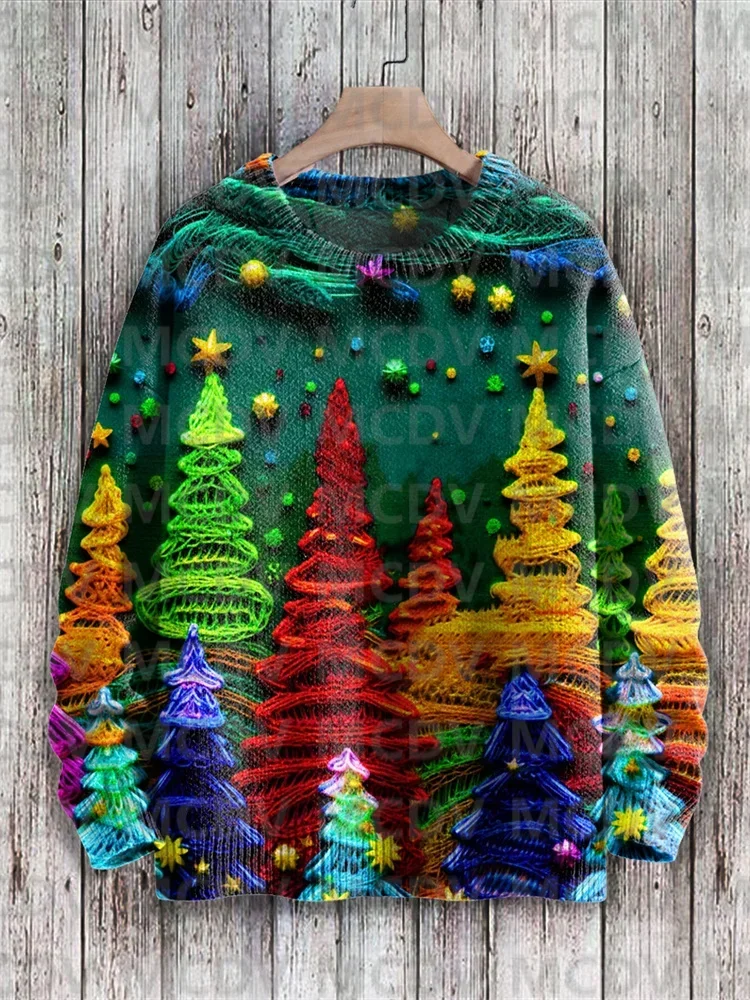 Rainbow Christmas Trees Print Knit Pullover Sweater Men's For Women's Pullover