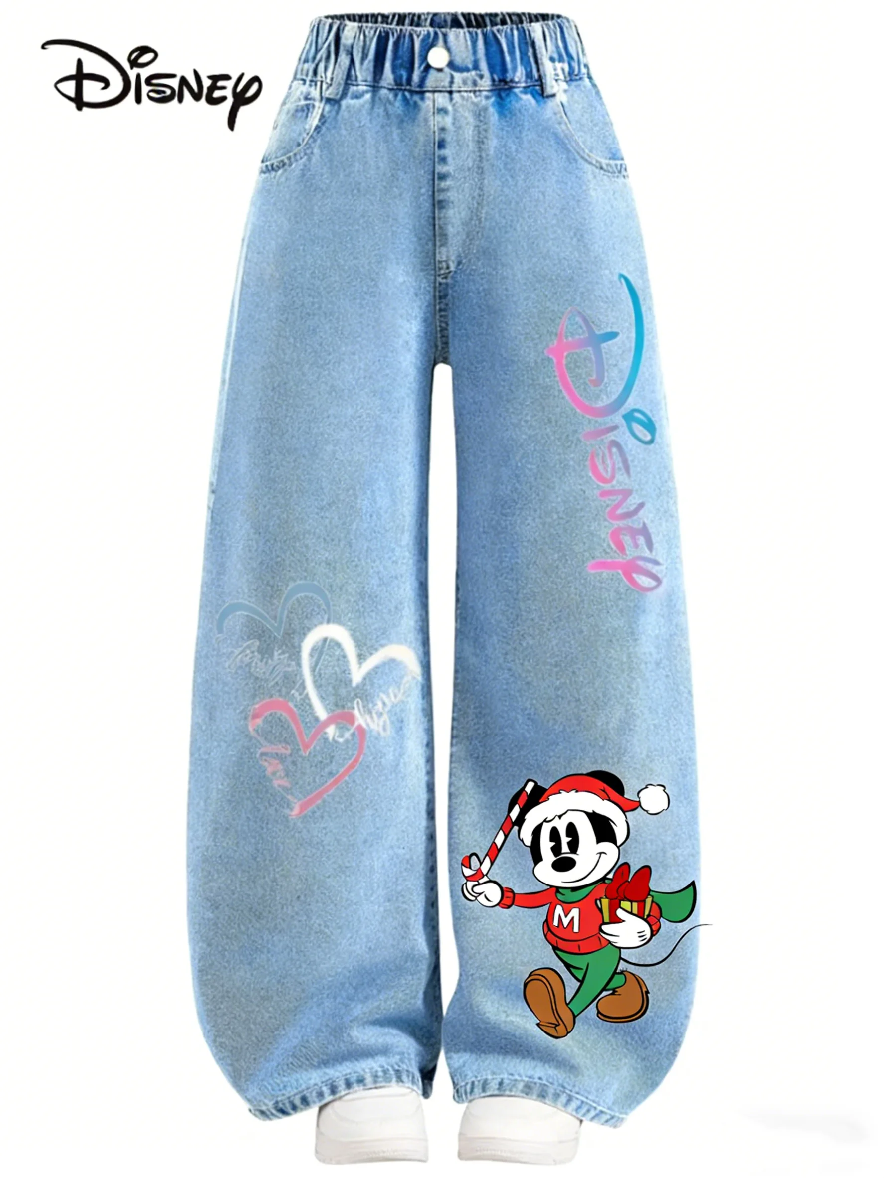 

Детские ковбойские брюки с рисунком Микки на Рождество для девочек, мягкие и приятные для кожи, универсальные весенние брюки с мультяшным принтом