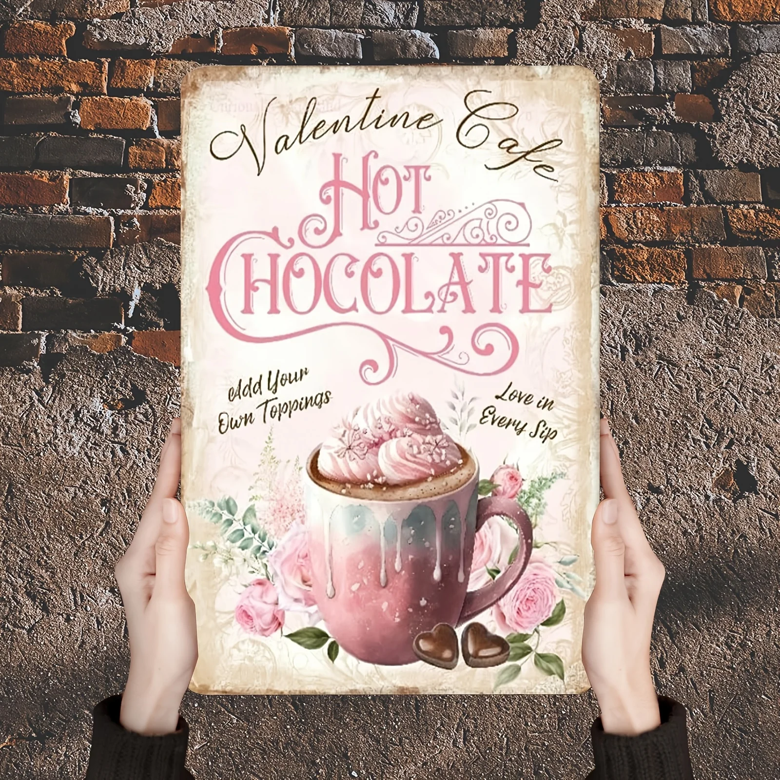 1pc Pink Valentines Hot Chocolate Metal Sign, Shabby Chic Tin Sign Plaque, Wall Hanging, No Electricity Required, 8*12inch/20*30