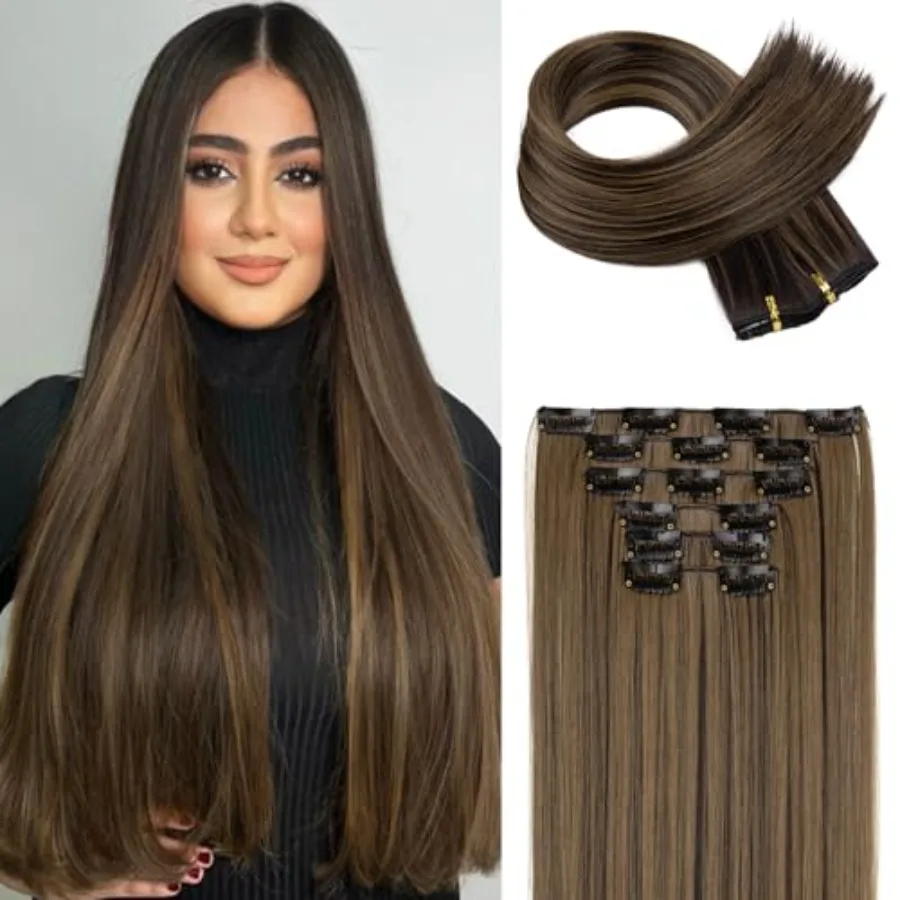 

6PC Clip in Hair Extensions 24" Straight Long Extensions for Women Synthetic Hairpiece Black Brown with Highlights
