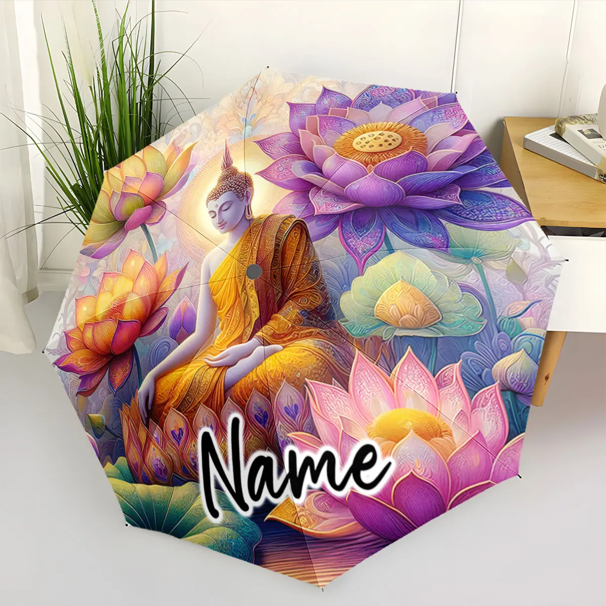 Custom Name Umbrella Colorful Lotus and Buddha Umbrella Design Print 8 Iron Ribs Folding Umbrella Auto-Open Fashion Sunshade