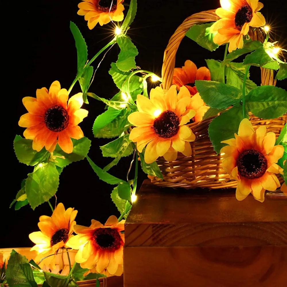 2/5/10M Garden Summer Light Battery Box LED Leaves Sunflower String Lights Outdoor Wedding Holiday Artificial Plants Garland
