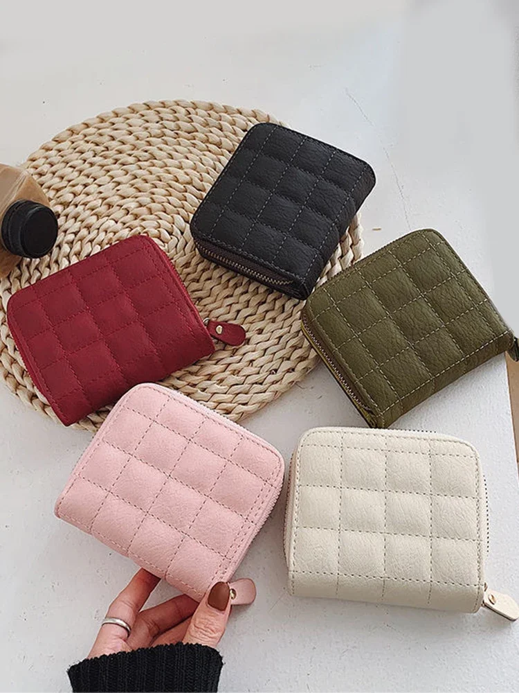 Women PU Leather Short Card Money Wallets Female Plaid Purses Nubuck Card Holder Wallet Student Zipper Woman Wallet Coin Purse