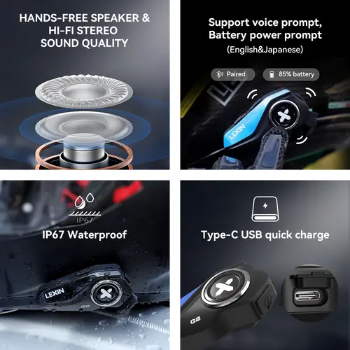 Lexin G2P Motorcycle Intercom Helmet Bluetooth Headsets,Handsfree Communicator Up to 6 Riders Interphone with FM Radio - Image 3