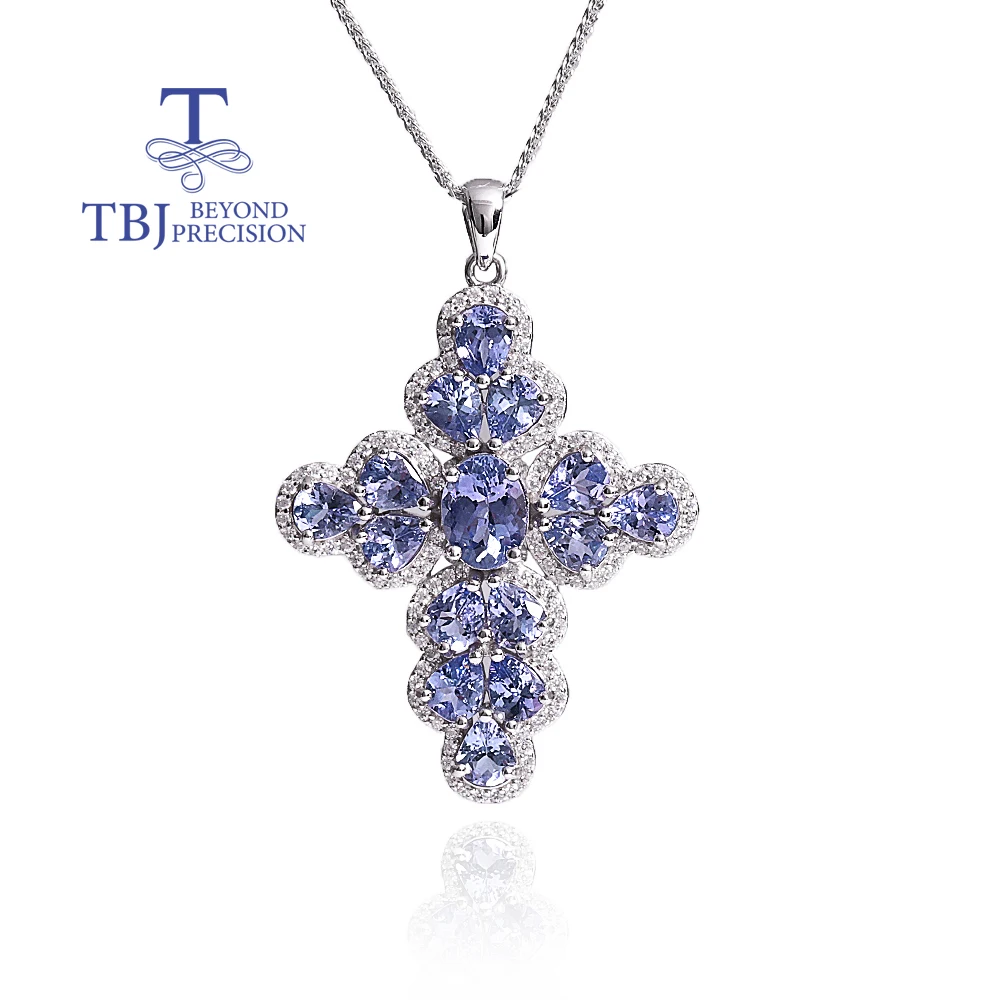 

Cross design pendant Natural Tanzanite real gemstone 925 sterling silver necklace fine jewelry for Women's Birthday wedding gift