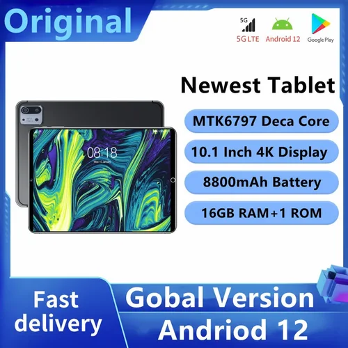2023 글로벌 버전 안드로이드 태블릿, 10.1 인치, 안드로이드 12, 16GB, 1T 데카 코어, 8 + 13MP WPS + 5G 와이파이, 블루투스 8800mAh 노트북, 인기 판매