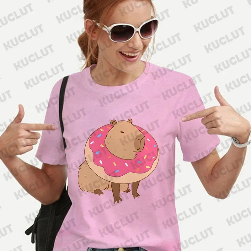 Cute Capybara Anime Women's T-shirt Casual Ulzzang Short Sleeve Tees Cartoon Graphic Y2K Tops Female Blouse Aesthetic Clothing