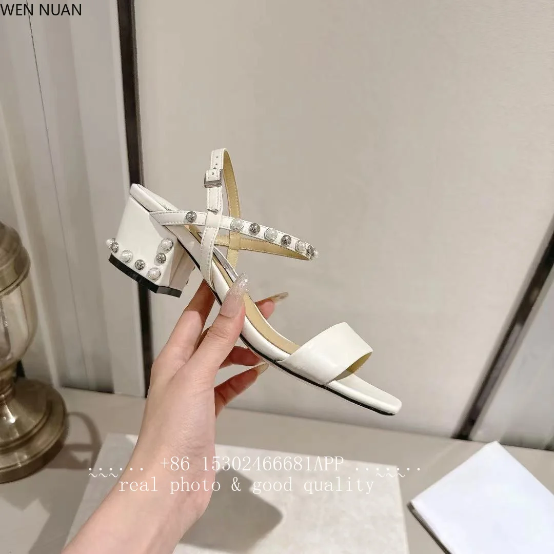 2026 Summer New Style Suede Gemstone Metallic Button Low Heel Sandals Square Toe Slip-On Sexy Versatile High Heels