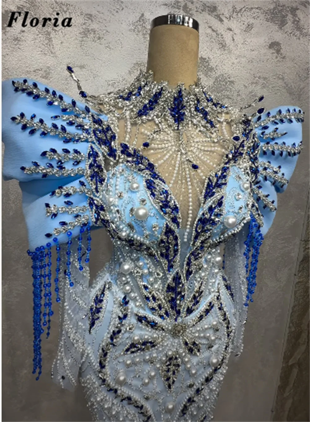 Elegant Blue Beading Evening Dresses With Detachable Skirt Customized 3D Floral Crystals Wedding Party Gowns Cocktail Prom Dress