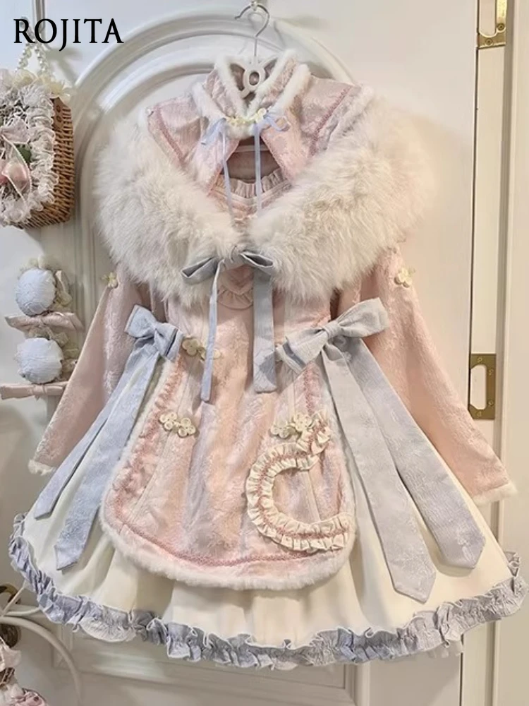 

Chinese Style Cute Faux Fur Cloak Shawl Lolita Dress Bow Waist Two-Piece Sets Women Outfits Cute Sweet Pink Dress Sets 2025 New