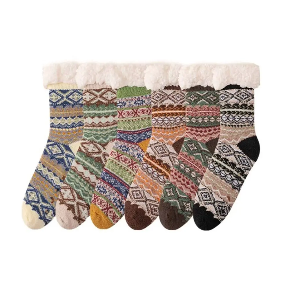 

Ретро-теплые носки средней длины с противоскользящей подошвой, утолщенные, теплые, в этническом стиле, флисовые, зимние, для мужчин и женщин