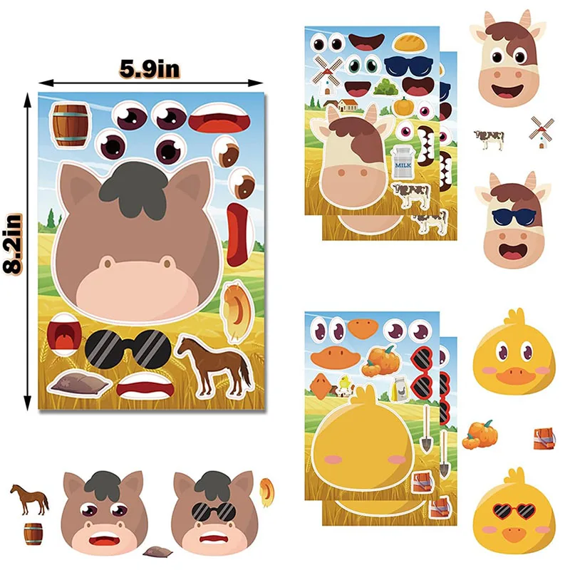 Cute Cartoon Farm Animal Sticker Sheets for Kids, Creative Make a Face Puzzle, combinação de características faciais, DIY, crianças