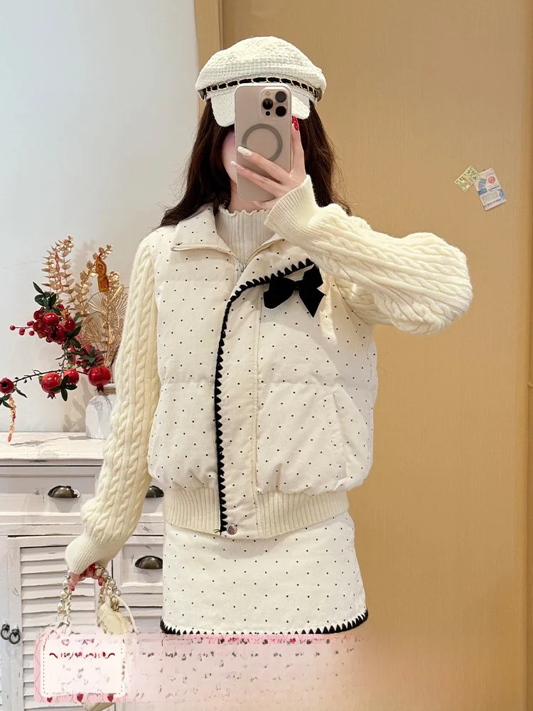 

Sweet Sle Cotton Jaet Women's Spring Polka Dot Print White Corduroy Coat Long Sve Zipper Closure Casual Outerwear