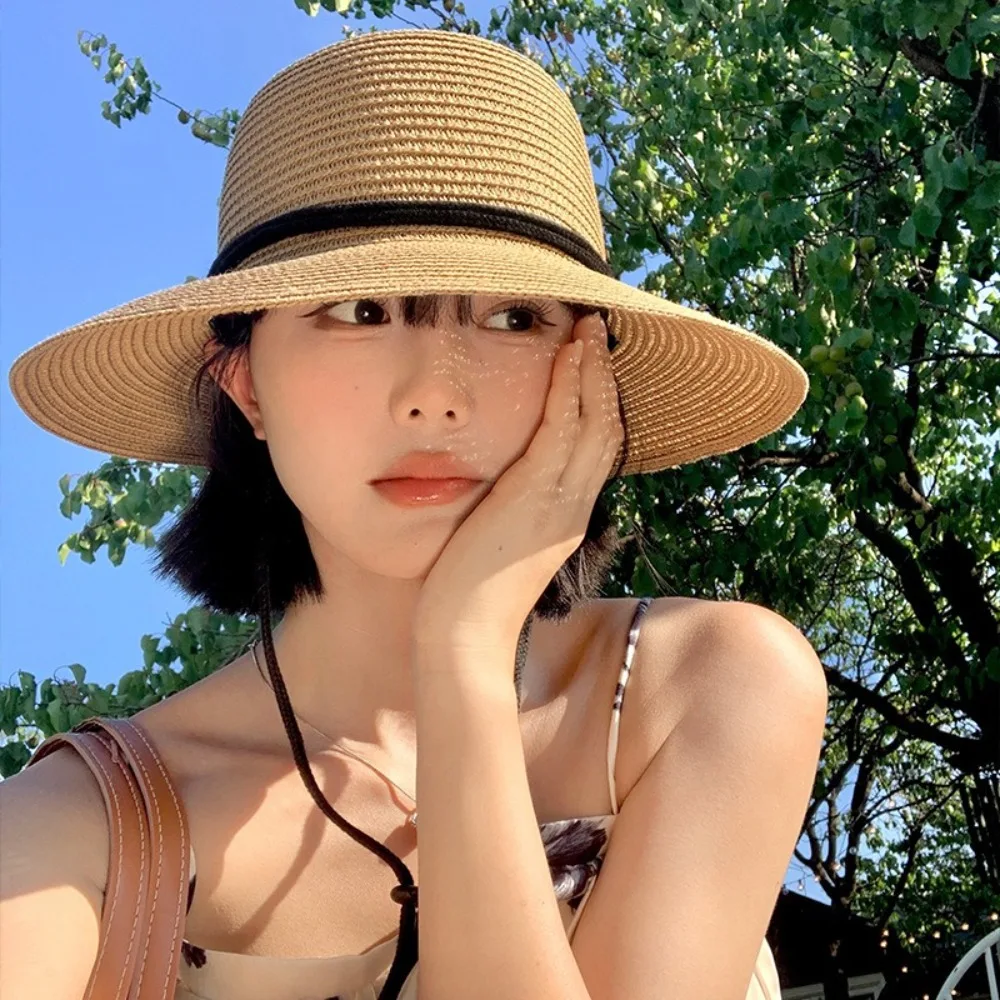 

Vintage Summer Straw Bucket Hat Foldable Wide Brim Women's Straw Hat Sunscreen Beach Visor Cap Men Women