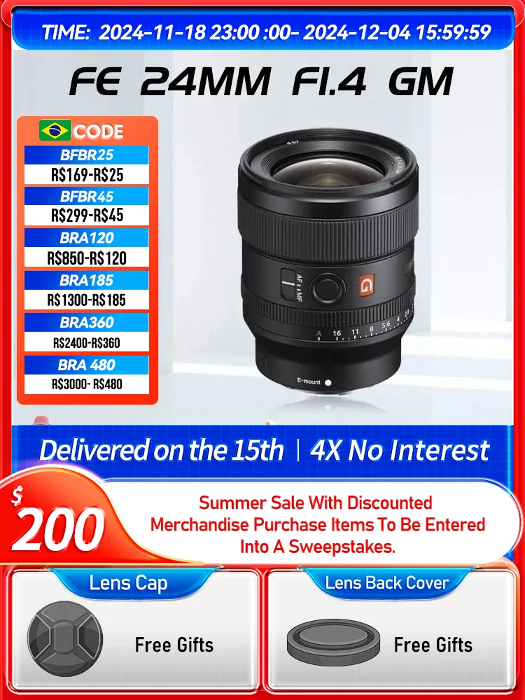 Sony FE 24mm F1.4 GM 28mm F2 15mm F1.4 G Full Frame Wide Angle Prime Mirrorless Camera Lens for ZV-E10 A7C II A7 IV 24 1.4（Used）