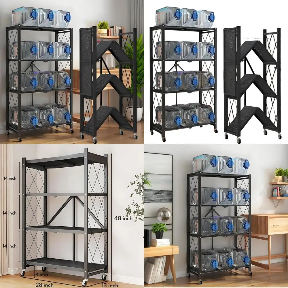 

Adjustable 4-Tier Metal Shelving Unit with Wheels for Kitchen, Garage, and Storage Needs