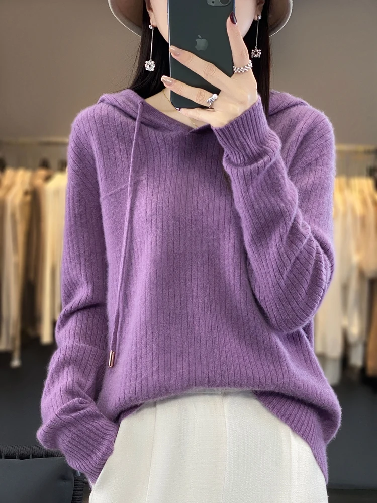 Addonee Women\'s Sweater Casual Hoodie 100% Merino Wool Solid Long Sleeve Cashmere Knitted Pullover Korean 2023 Autumn Winter Top