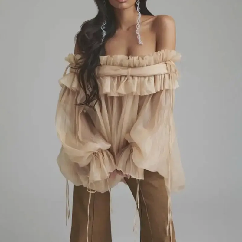 Women's Elegant Off-Shoulder Ruffle Top Sheer Mesh Flowy Blouse