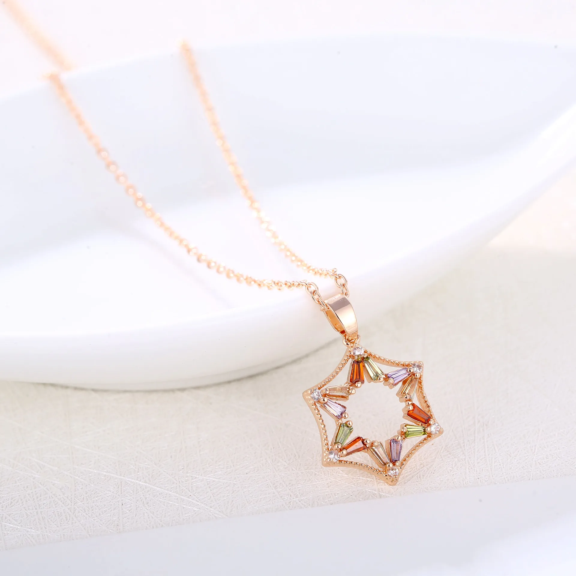 Kitykiss Rose - Gold Hexagram Pendant, Adorned with Colorful Gemstones, Wearing Exudes Elegance and Sophistication