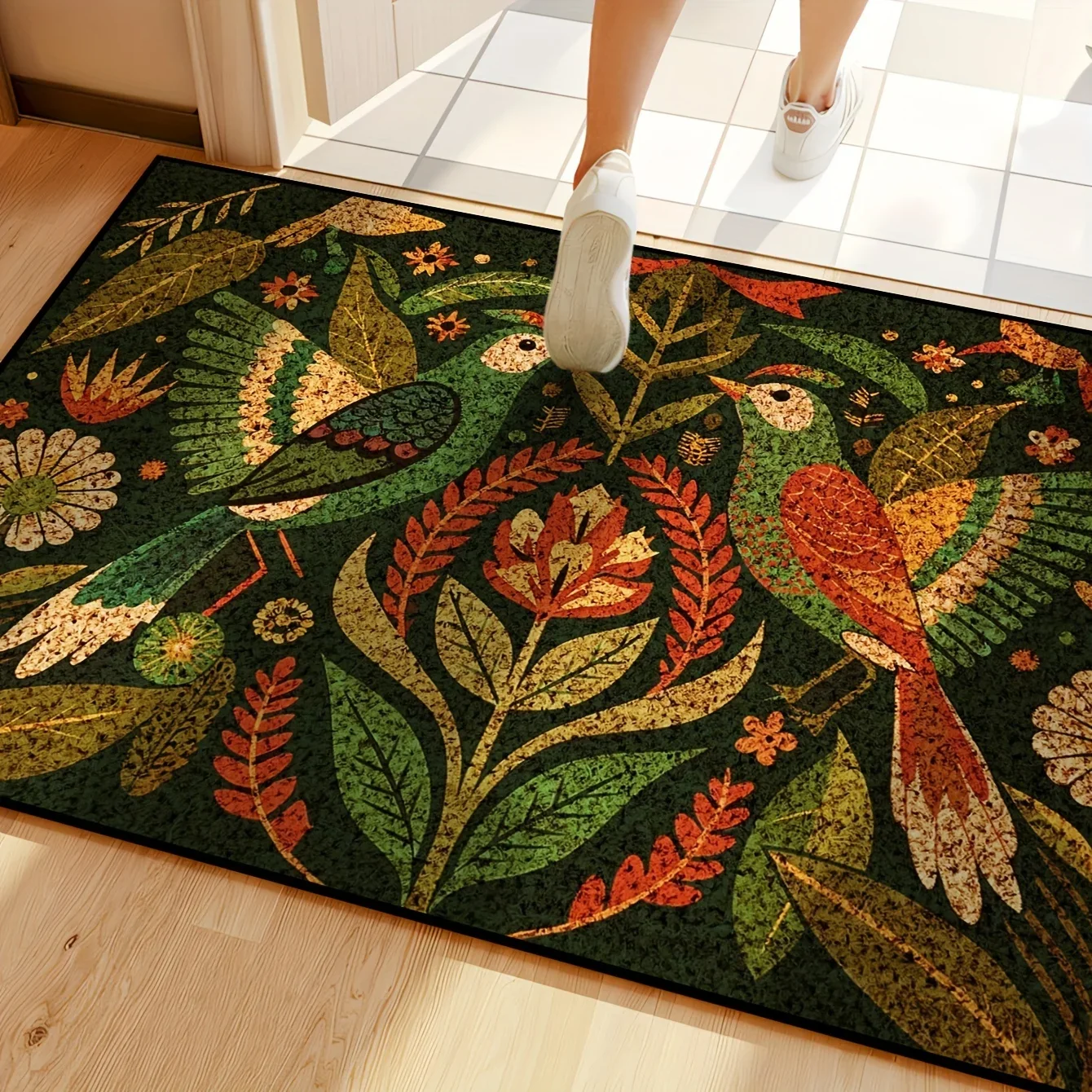 Vibrant Floral and Bird Pattern Doormat - Colorful Nature Design for Welcoming Home Décor, Perfect for Entryways