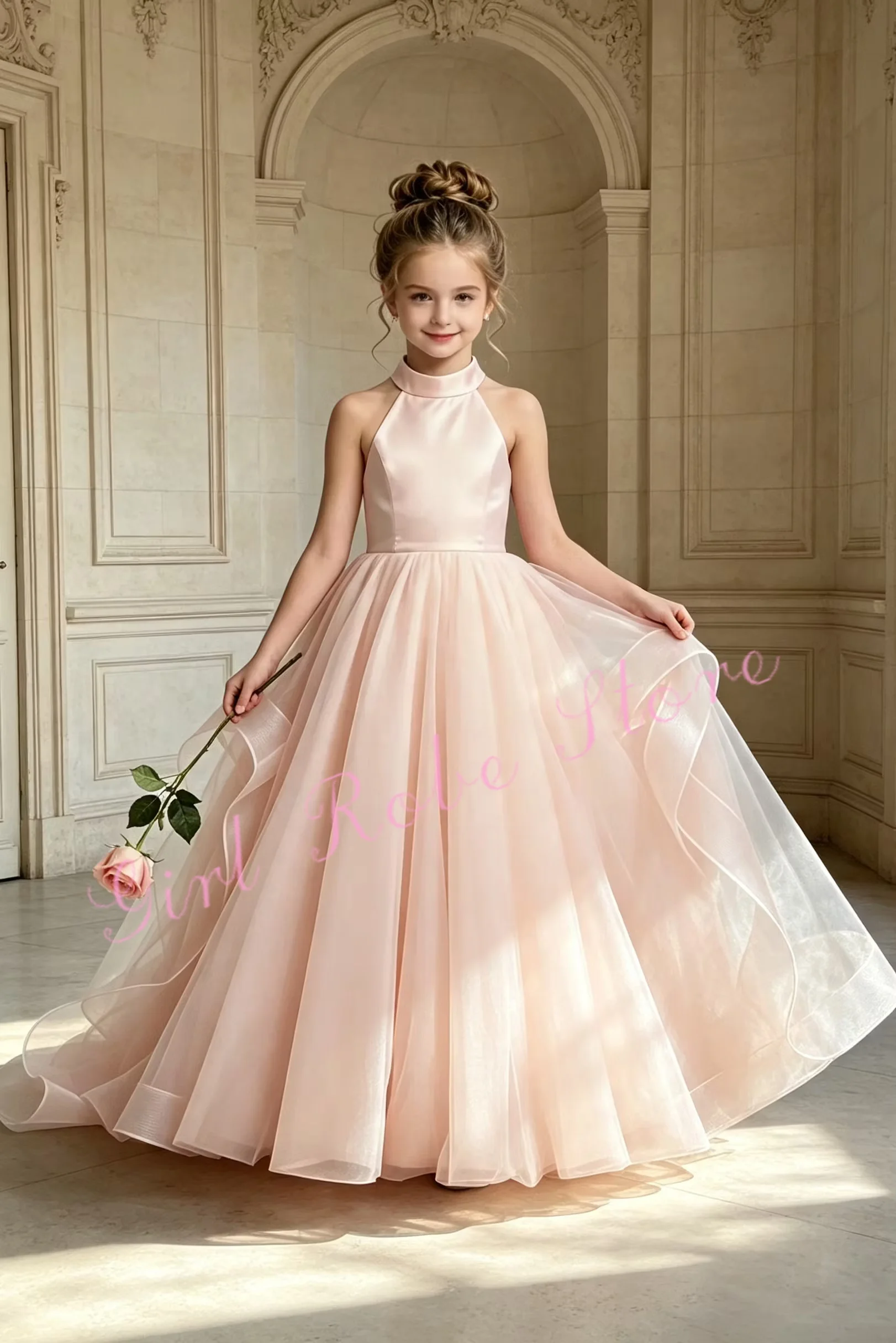 Elegant Pink Flower Girl Dress For Wedding High Collar Backless With Bow Puffy Tulle Kids Bridesmaid Birthday Gown Customized