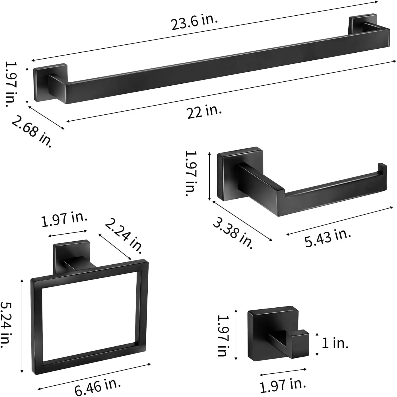 Bathroom Hardware Accessories Set 10 Pieces Matte Black Towel Bar Set 24 Inch, Towel Rack Rings Stainless Steel Bath Coat