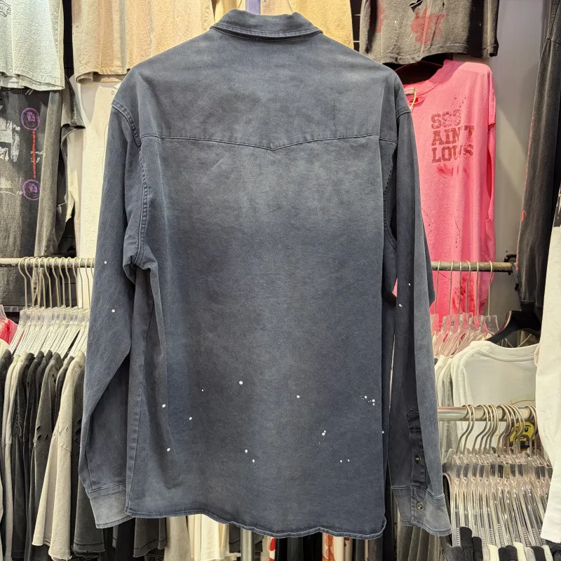 Double Fabric Splashed Ink Paint Saint Cargo Long Sleeve Shirt Men Women Washed Gradient Color Fade Loose V-shape Shirt Clothes