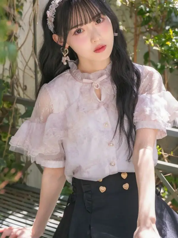 Lolita Sweet Lace Trim Shirt Women's Summer New Design Short Sleeve Top  Style Polyester Material Wicking Wrinkle Resistant