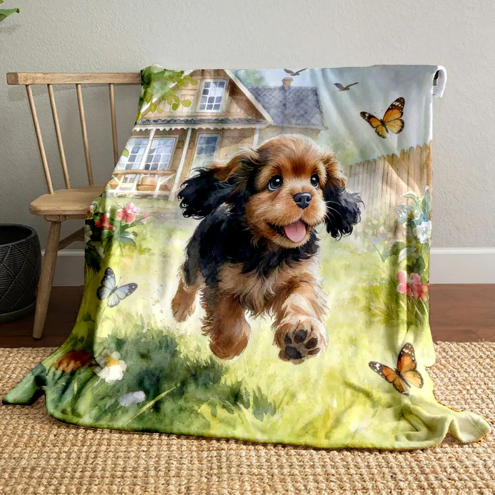 Garden-style Cavalier King Charles Spaniel Print Blanket Home Travel Camping for Adults and Kids Luxury Gifts Multi-Sizes