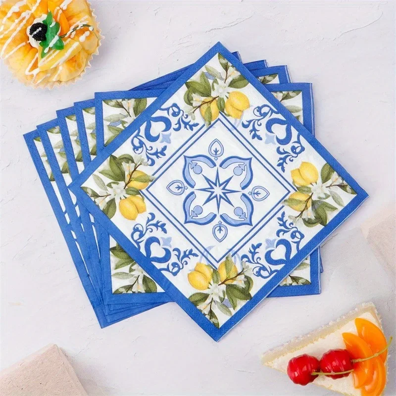 Tovagliolo usa e getta in porcellana di limone Tovagliette in carta stampata bianca blu per forniture per il layout del tavolo da pranzo per feste di matrimonio