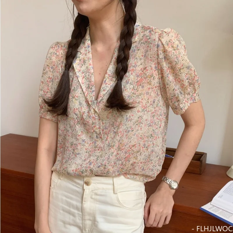 Hot Sales Summer Korea Chic Tops Blusas FLHJLWOC Design Sweet Button Shirts Pink Floral Print Japan Girls Cute Women Blouses