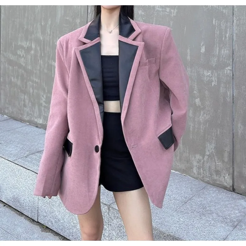 

Leather Splicing Design Sense Blazer Women's Autumn and Winter Retro High-end Sense Abraded Thickened Shoulder Padded Small Suit