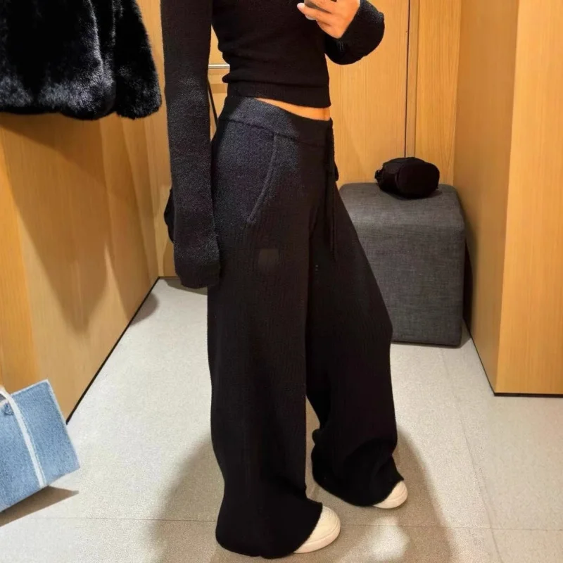 Women Knit Wide Leg Pants Casual Straight Trousers Soft Comfortable High Waist Loose Fit Daily Wear Fashion Bottoms