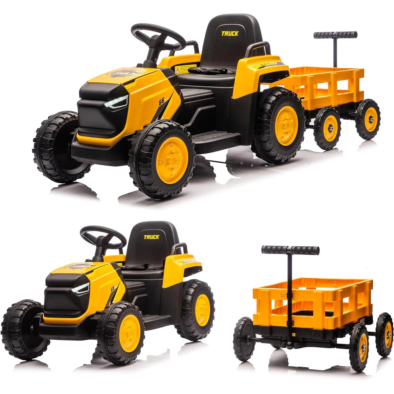 어린이용 탈착식 정원 카트가 있는 트랙터, 12V 전기 자동차, 트레일러 포함, 최대 하중 66파운드, 배터리 구동, 8륜