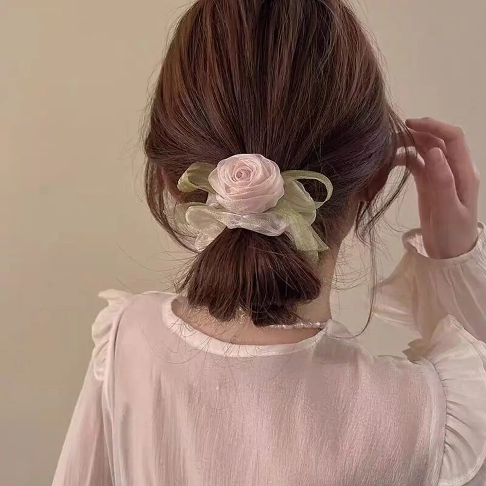 Gomas para el pelo de estilo coreano para niña y mujer, accesorios para el cabello, Anillo para el cabello, soporte para cola de caballo, Scrunchies para el cabello con flores rosas