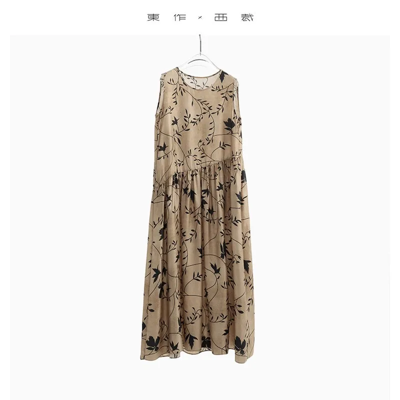 100% Silk Summer Dress Retro Print Loose O-Neck