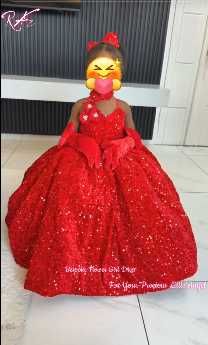 Red Sequin Flower Girl Dress For Wedding Birthday Pageant Spaghetti Straps 3D Floral Decor Puffy A Line Floor Length Gown