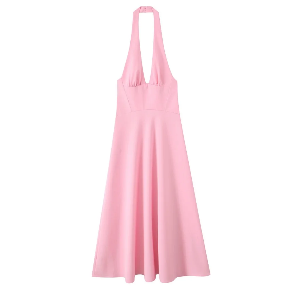 Women's Solid Color Hanging Neck Collar Midi Dress V-neck Sleeveless backless Side Zipper Summer New Sweet Long Dress