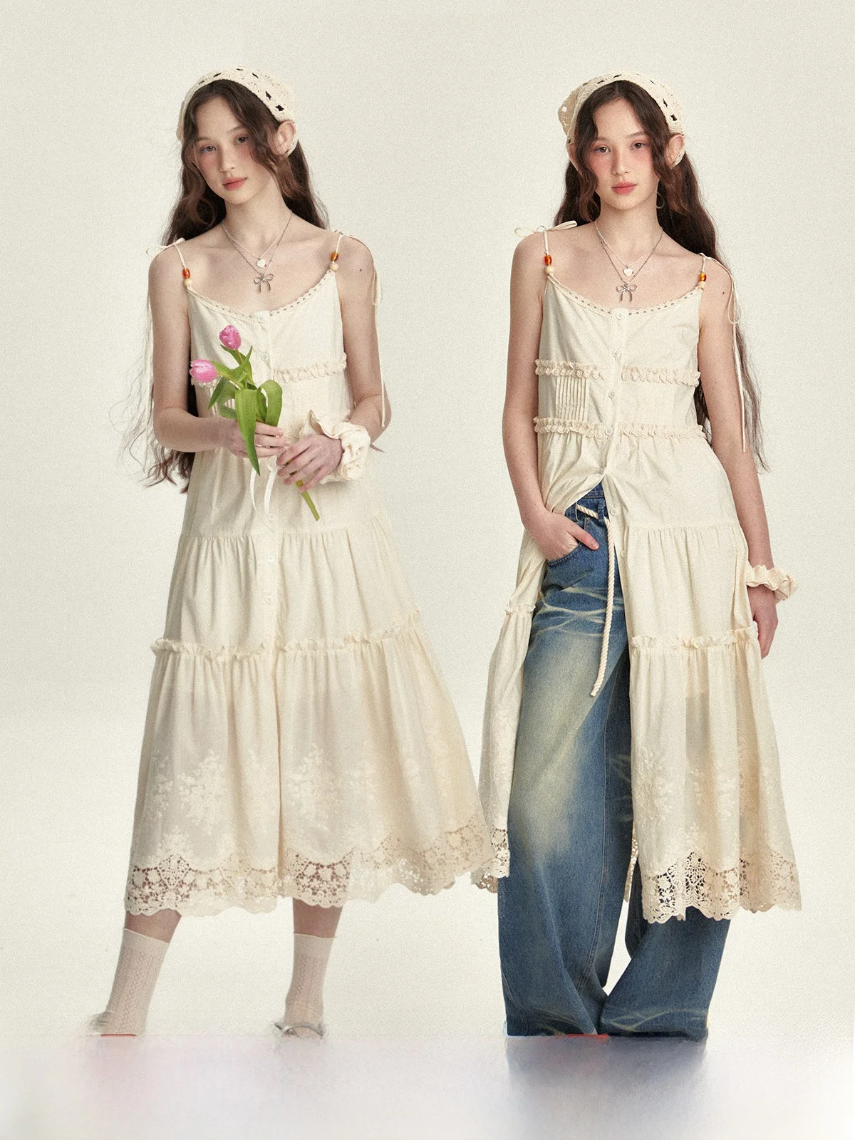 

Annatto Gauzy Lace Trim off oulder Long Dr Fre Sweet Sle Cotton Material Svel Single Button Closure H-ape