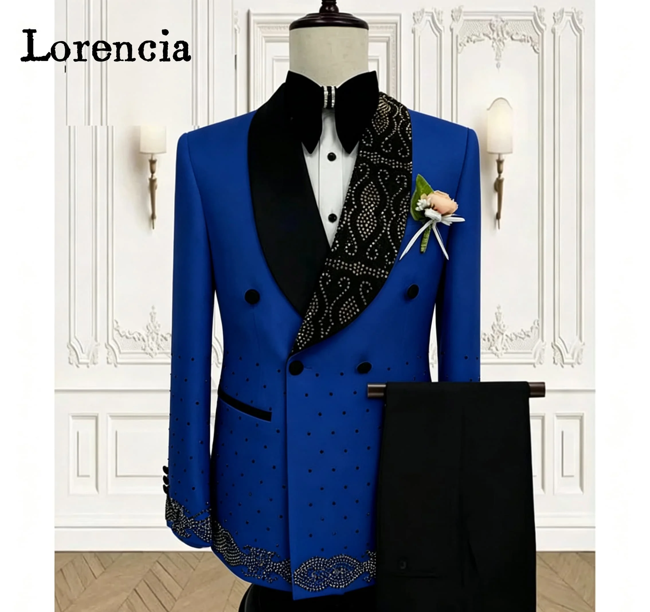 Luxury 2 Pieces Men Suit Sets Metal Embellished Diamond Shawl Lapel Groom Tuxedo Party Prom Blazer Pant Customized Costume Homme