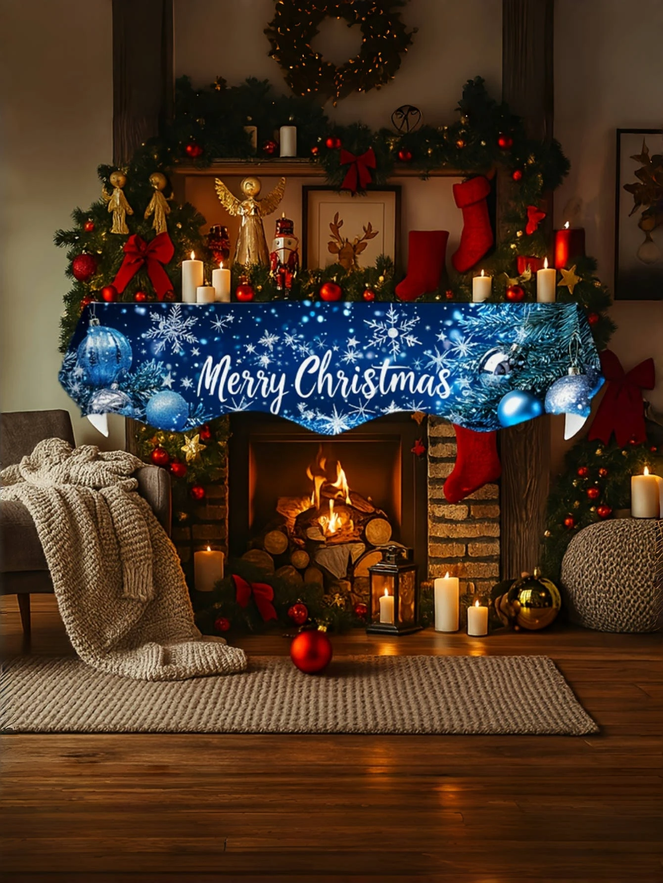 1pcs Christmas fireplace scarf - with blue snowflake elements, it is your perfect holiday gift and suitable for home decoration
