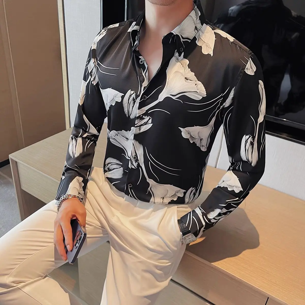 Flower Shirt New Long Sleeved Slim Fit Trendy Hanging Print Personalized Casual Shirt