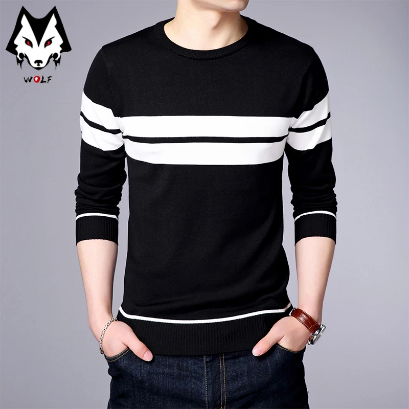 Men\'s Casual Striped Knit Spring and Autumn Long Sleeved Pullover Fashion Top