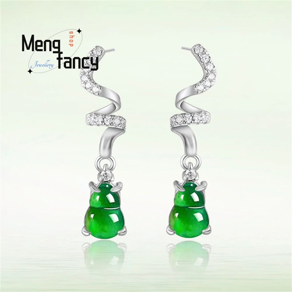 

High-Grade Natural A-Grade Jade Yanglv Gourd Light Luxury Earrings Ice-Type Jade S925 Silver-Inlayed Fashionable Women's Earring
