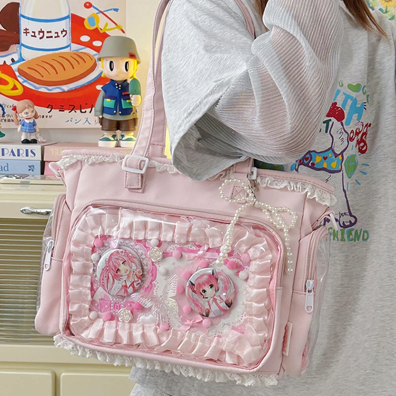 

Richme Lolita Women Ita Bags 2025 Kawaii Sweet Girl DIY Anime Badge Tote Bag Dopamine Beading Bow Crossbody Shoulder Bolso Mujer