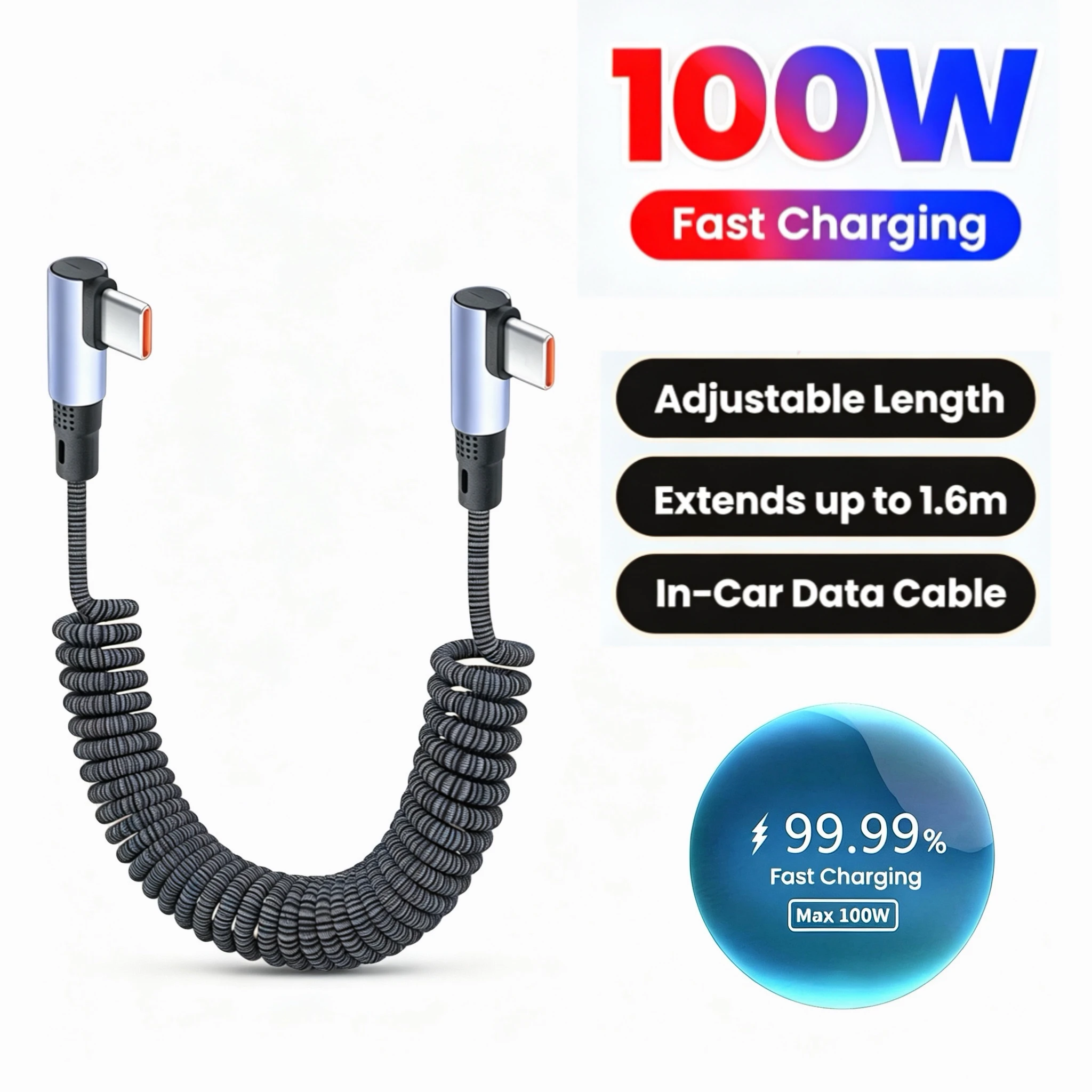 66W/100W Type C to Type C 90-Degree Elbow Spring Telescopic Cable For IPhone15-17 Samsung Huawei Xiaomi Fast Charging USB C Cabl