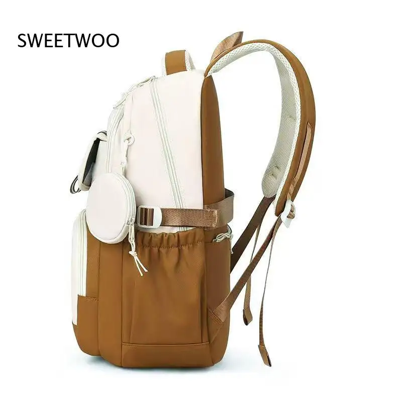 Women Splicing Backpack Multiple Compartments Detachable Mini Pouch Breathable Padded Straps Lightweight Bookbag