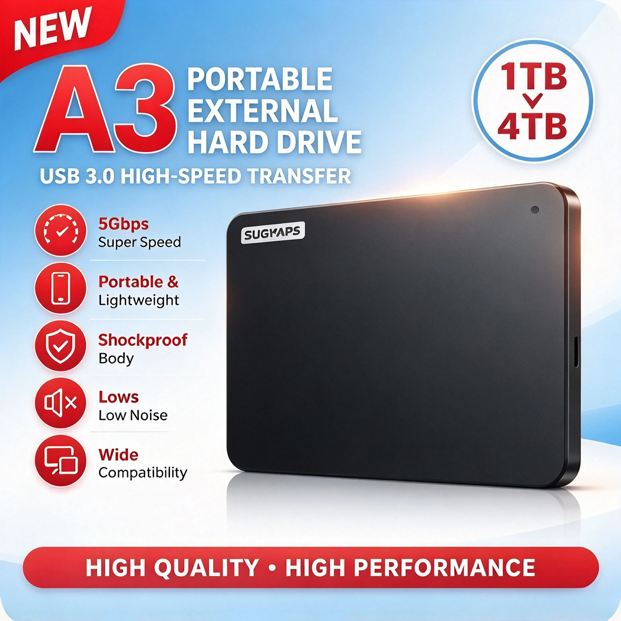New Portable Hard Drive A3 SSD 500GB 1TB 2TB 4TB SSD Black External Hard Drive USB 3.0 Portable for Gaming Console Office Gift