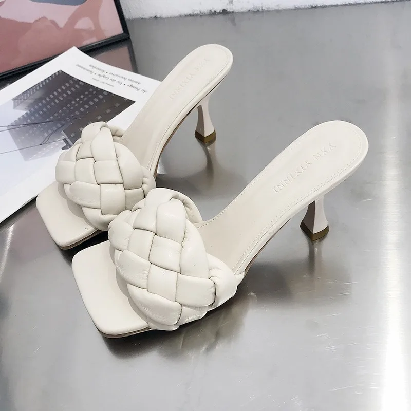 Summer Fashion Women's Square Woven Slippers Luxury Designer Striptease Sandals Comfortable Office Stiletto Women's High Heels - view 4